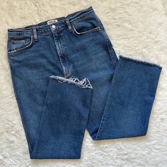 Agolde Jeans Pinch Waist High Rise Kick Flare Raw Hems Medium Wash Blue 32 - Picture 1 of 12